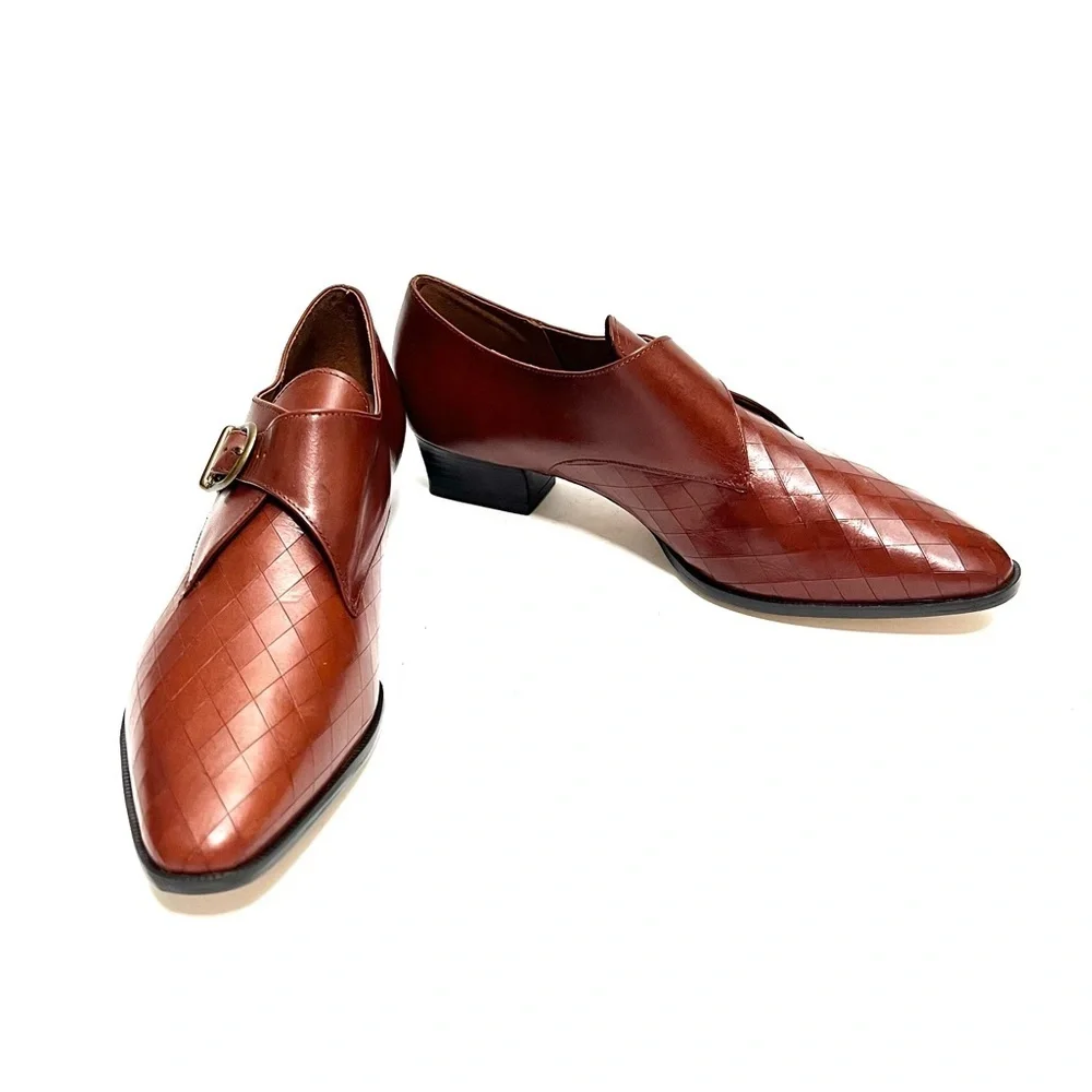 Vintage 1980s deadstock women's brown leather heeled buckle loafers